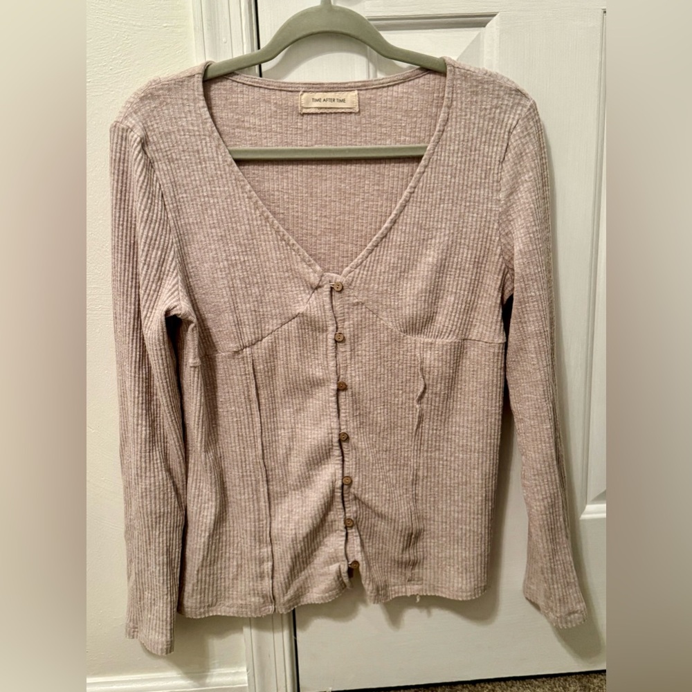Time After Time Ribbed Corset top buttondown longsleeve taupe neutral fall small